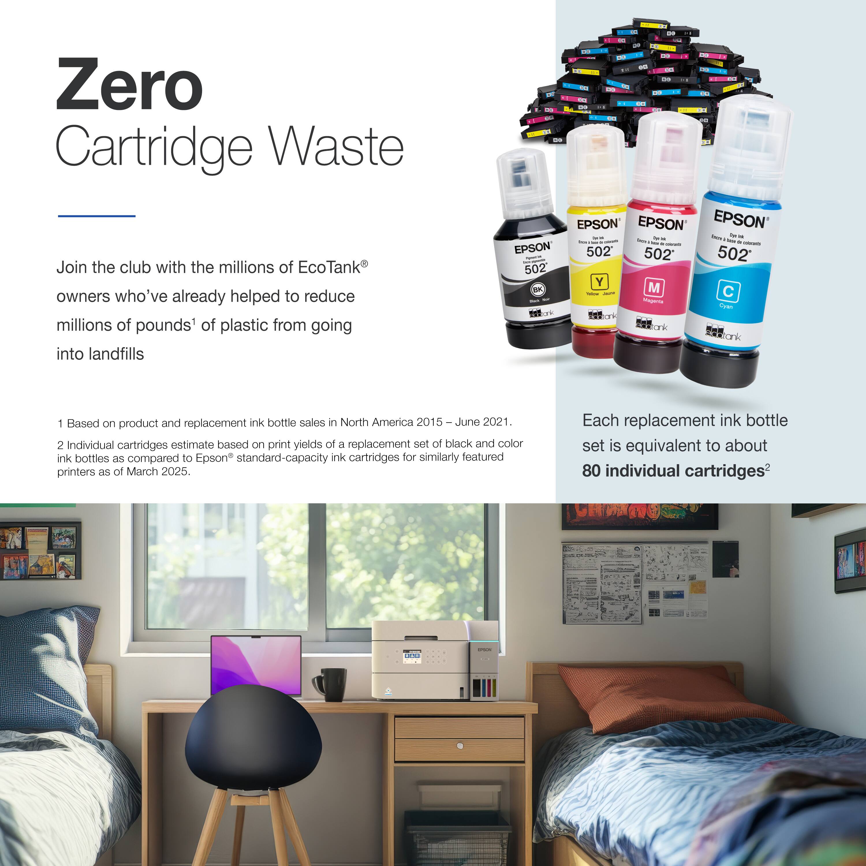 Zero Cartridge Waste

Join the club with the millions of EcoTank owners who've already helped to reduce millions of pounds' of plastic from going into landfills

1. Based on product and replacement ink bottle sales in North America 2015 – June 2021.
2. Individual cartridges estimate based on print yields of a replacement set of black and color ink bottles as compared to Epson standard-capacity ink cartridges for similarly featured printers as of March 2025.

Each replacement ink bottle set is equivalent to about 80 individual cartridges.