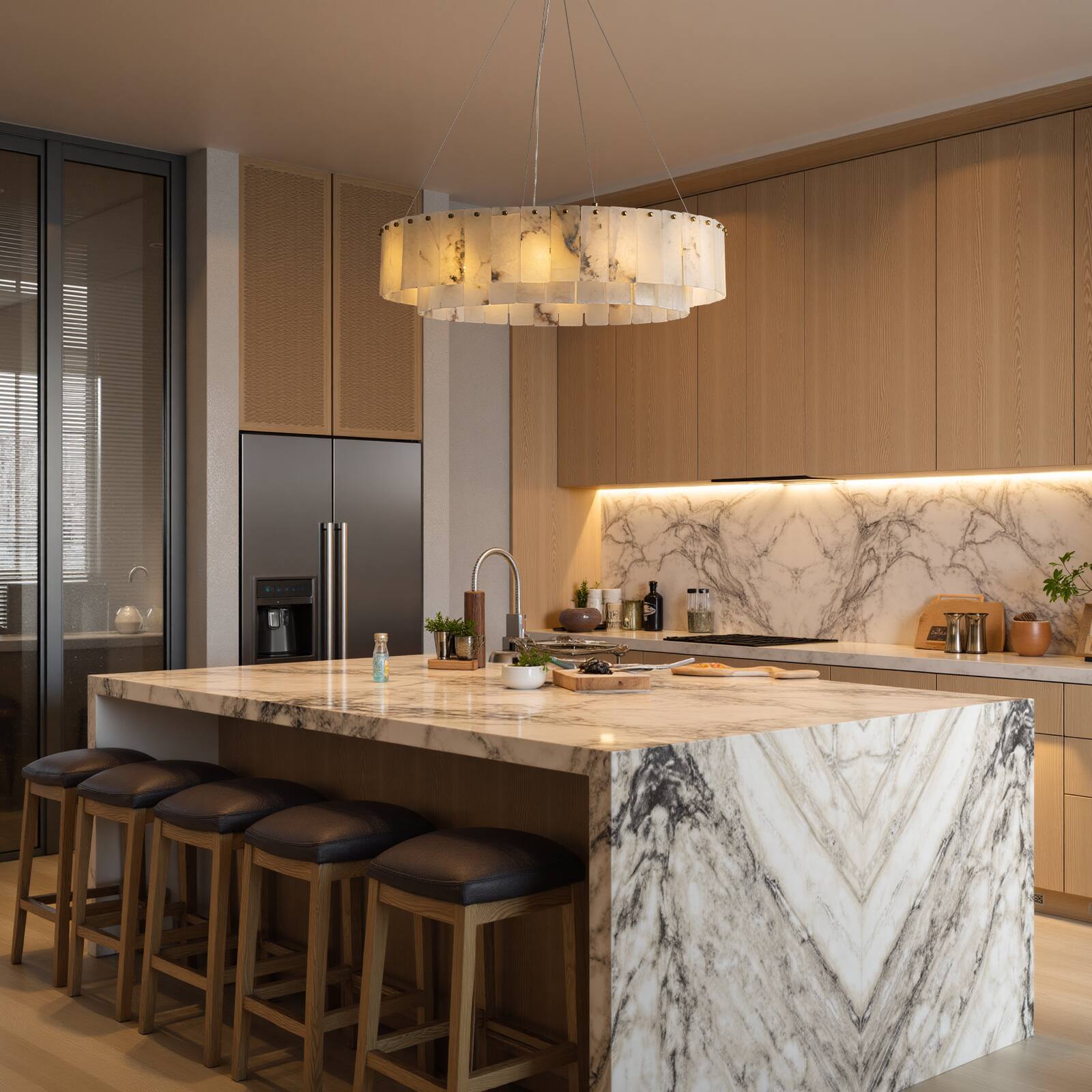 Alt View 2. Siljoy - 32-In Gold Natural Alabaster Drum Chandelier 12-Light E12 Adjustable Height for Dining Room Living Room Bedroom Island - Gold.