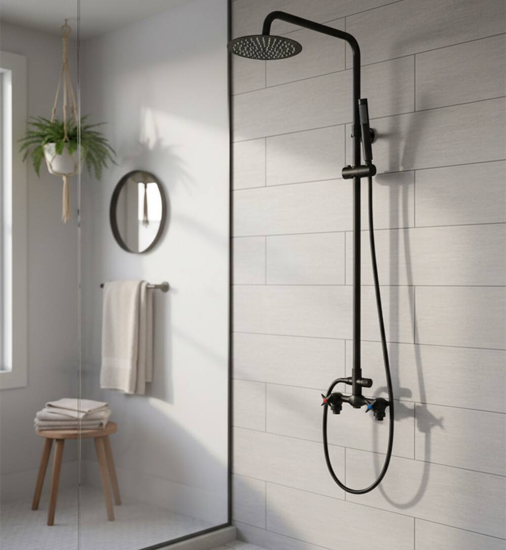 Alt View 1. Dazzed Corner - Outdoor Shower Kit, 2-Handle Faucet System with 8” Rainfall Shower Head & Handheld Sprayer - Matte Black.