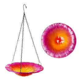 G128 - Hanging Glass Bird Bath 8-inch for Garden Decoration - Pink Flower Design