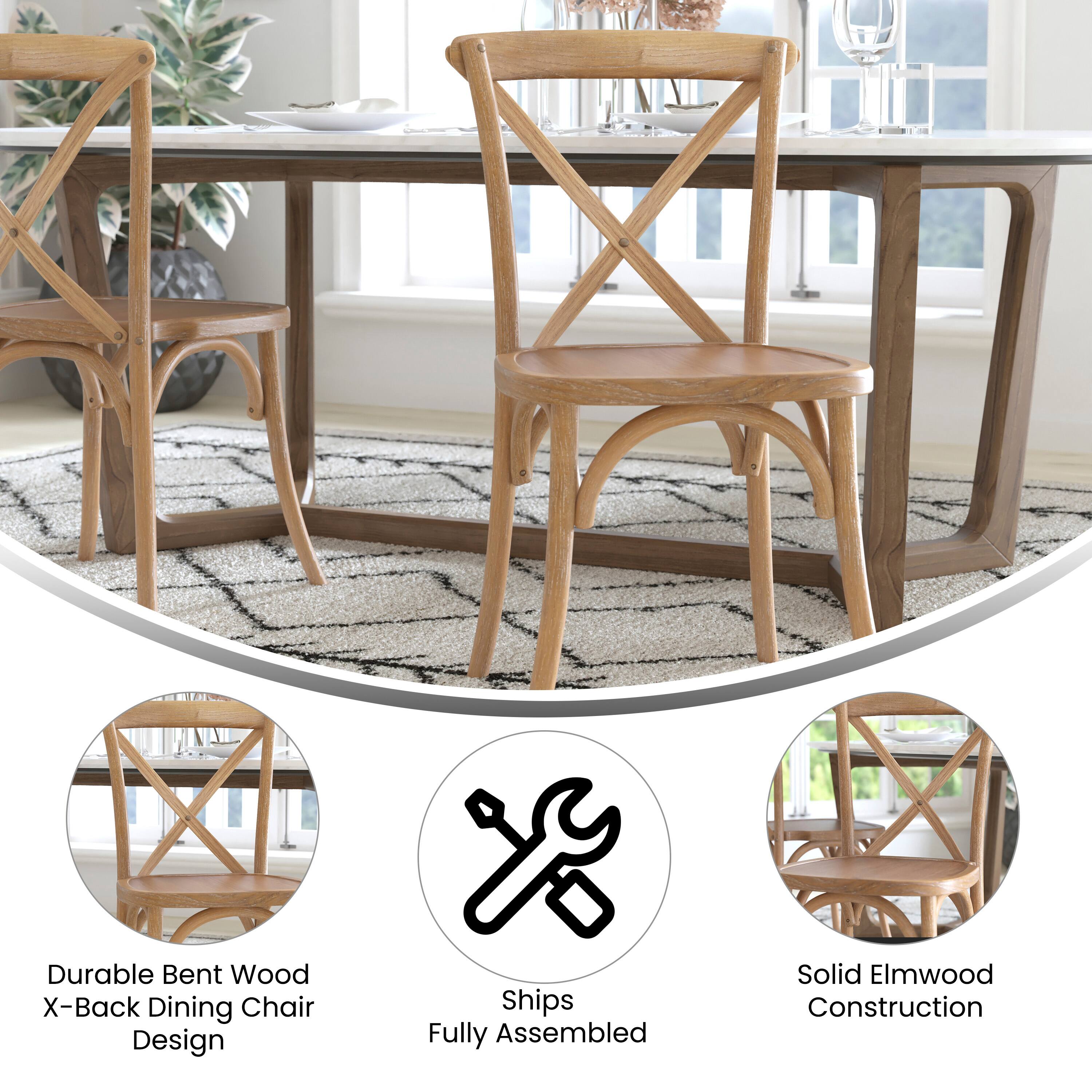 Durable Bent Wood X-Back Dining Chair Design  
Ships Fully Assembled  
Solid Elmwood Construction