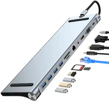 Front. Luckbyte - 11-in-1 USB-C Docking Station with 4K HDMI, VGA, Gigabit Ethernet, 100W Power Delivery, SD/TF Reader, 4 USB Ports.