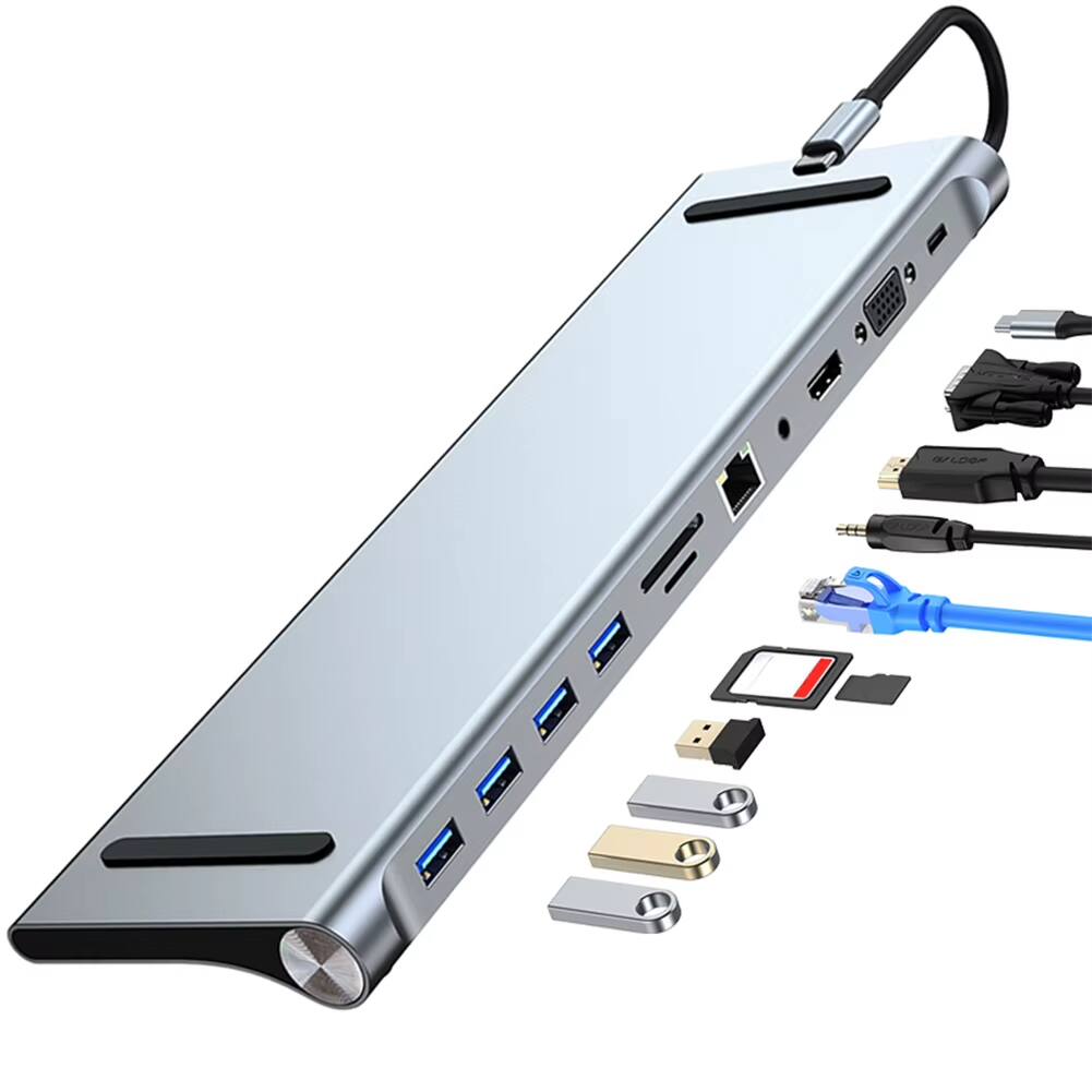 Front. Luckbyte - 11-in-1 USB-C Docking Station with 4K HDMI, VGA, Gigabit Ethernet, 100W Power Delivery, SD/TF Reader, 4 USB Ports.