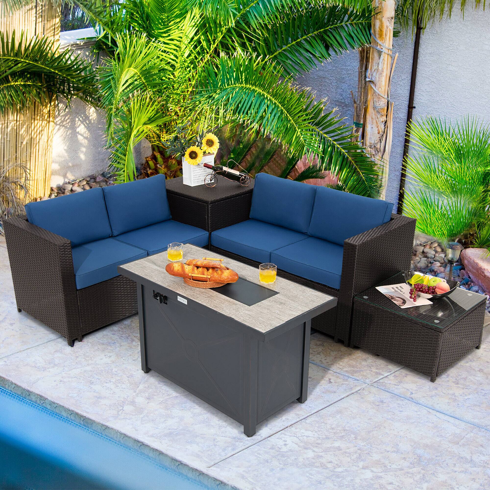 Gymax - 5PCS Patio Rattan Furniture Set Fire Pit Table w/ Cover Storage Cushion - Navy