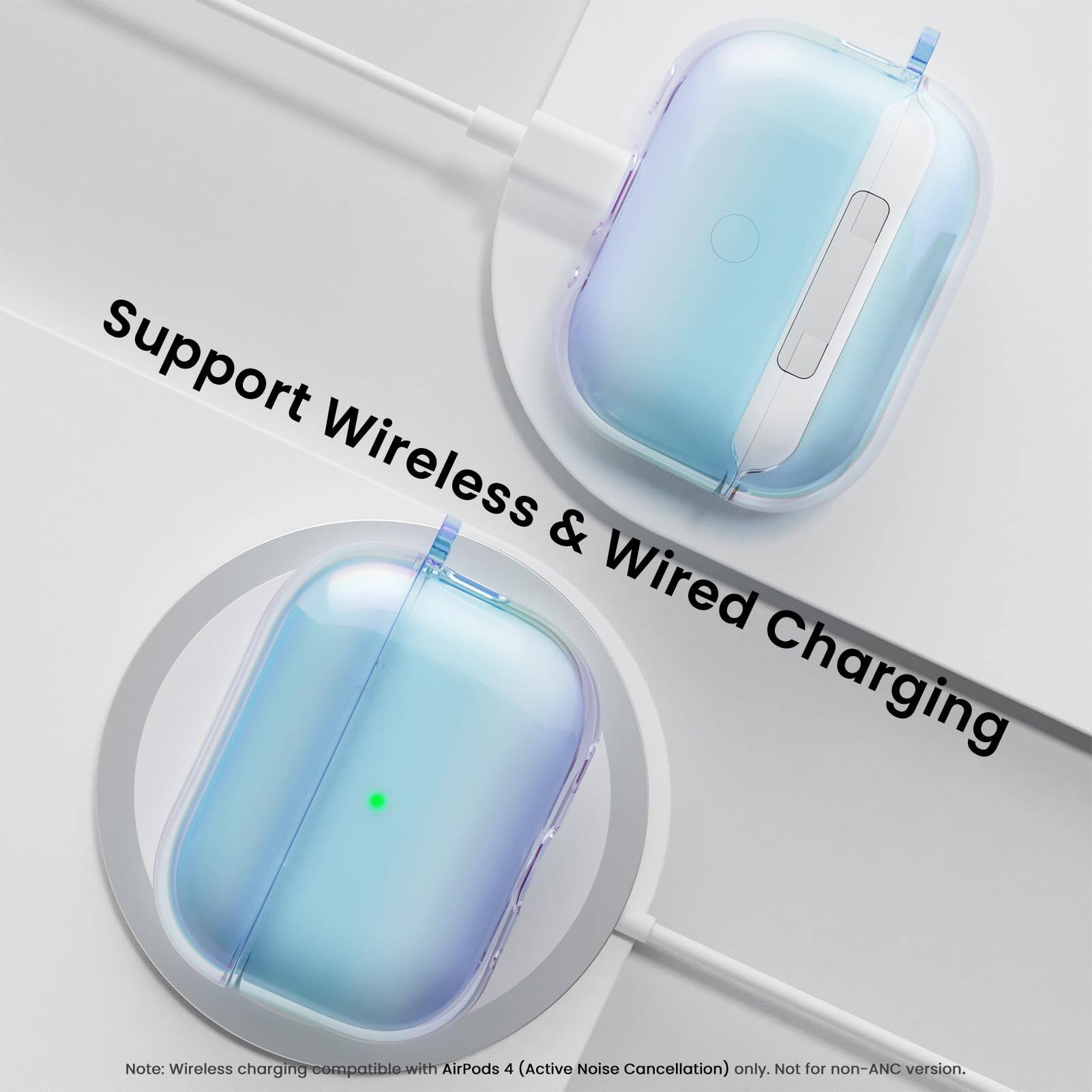 Support Wireless & Wired Charging. Note: Wireless charging compatible with AirPods 4 (Active Noise Cancellation) only. Not for non-ANC version.