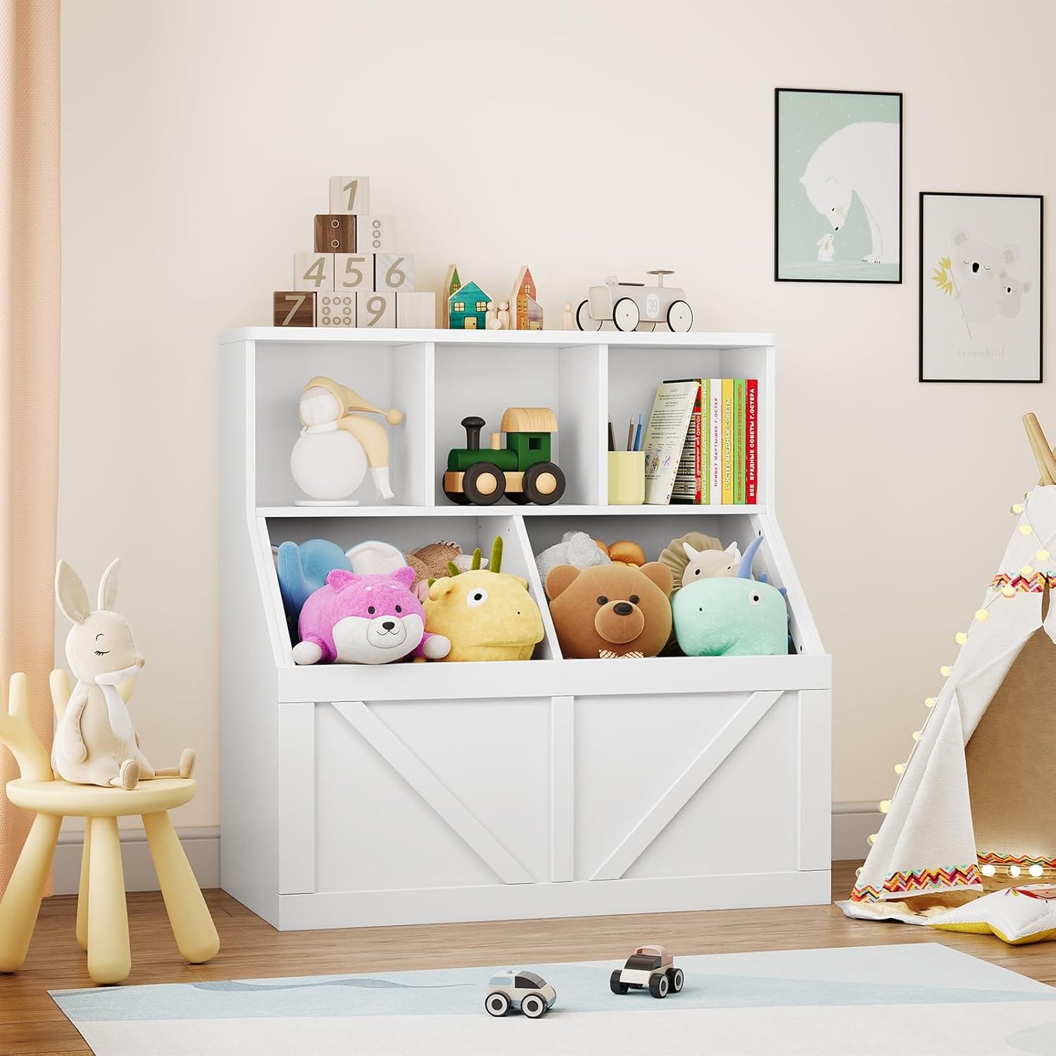 GAOMON - Kids Bookshelf & Toy Storage Organizer, Toy Storage Cabinet with Shelves & Bins for Playroom Bedroom Nursery - White