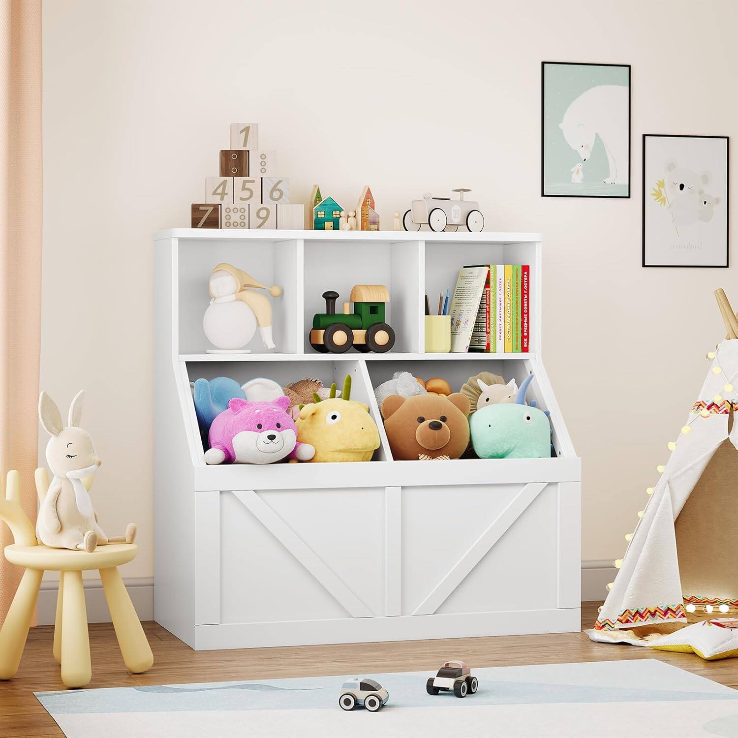 Front. Acekool - Toy Storage Organizer and Kids Bookshelf, Toddler Toy Storage Cabinet - White.