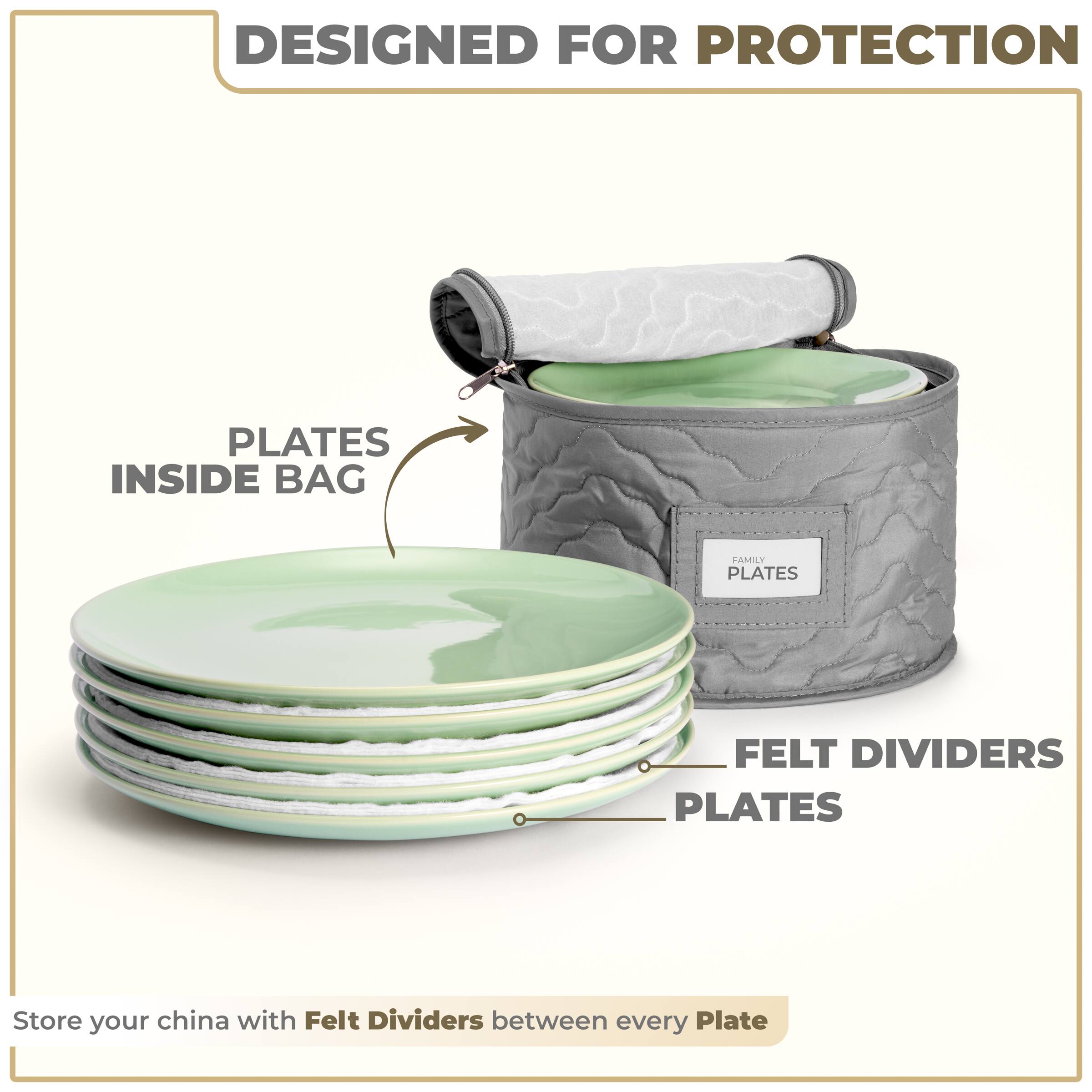DESIGNED FOR PROTECTION

PLATES INSIDE BAG

FELT DIVIDERS PLATES

Store your china with Felt Dividers between every Plate