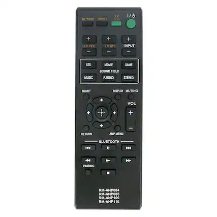 MUTING INPUT TV 1/0 1/0 + + + TV VOL TV CH INPUT - | - STD MOVIE GAME SOUND FIELD MUSIC PAUDIO STEREO NIGHT DISPLAY MUTING VOL I + RETURN AMP MENU BLUETOOTH I PAIRING RM-ANP084 RM-ANP085 RM-ANP109 RM-ANP110