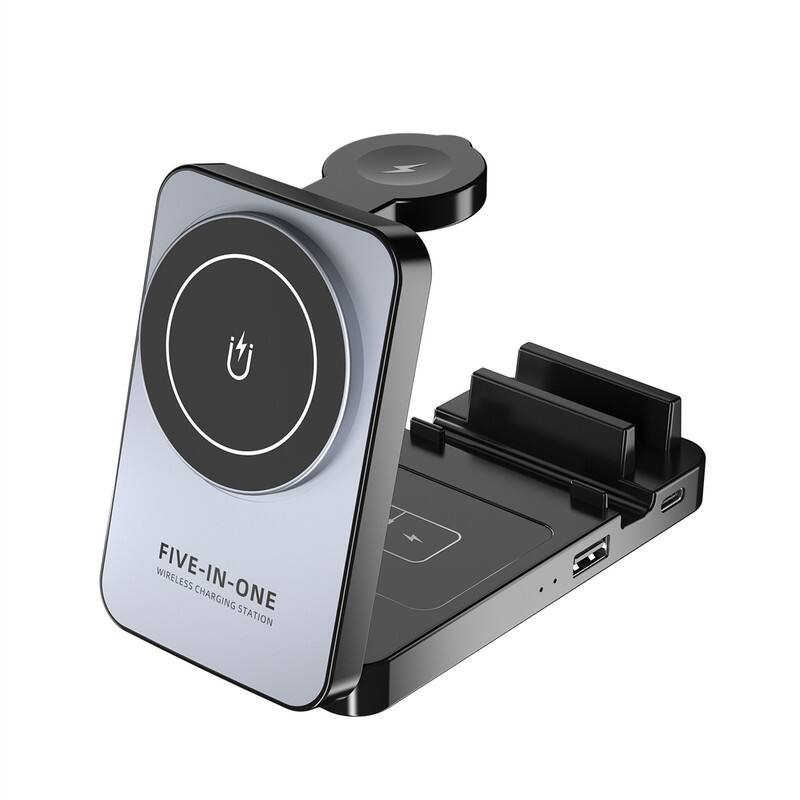 RISOKEYS - Magnetic Foldable 5-in-1 Wireless Charger - 18W Fast-Charge Multi-Functional Wireless Charging Stand for Phone and Watch - Black