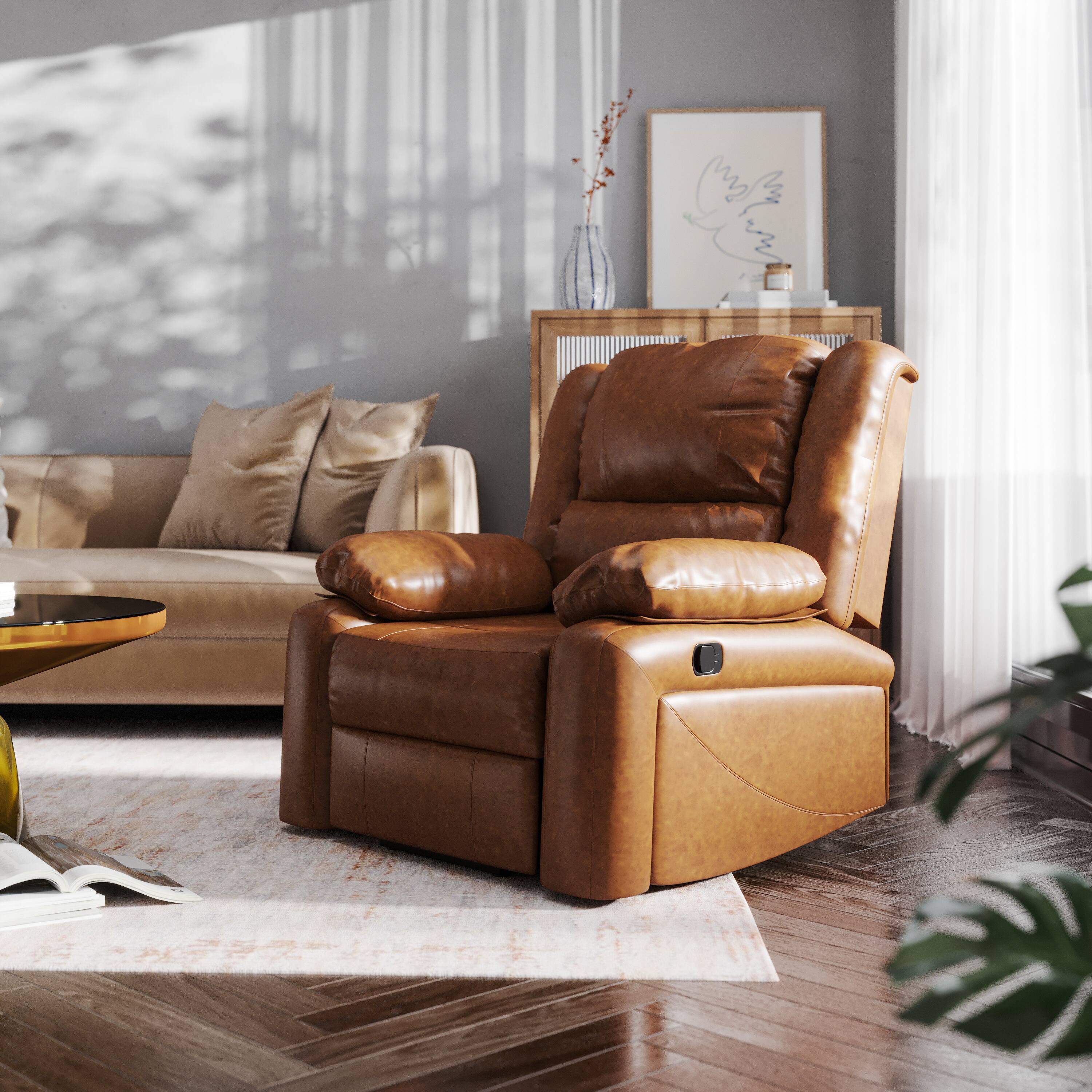Alt View 1. Emma + Oliver - Recliner with Bustle Back and Padded Arms - Cognac Faux Leather.