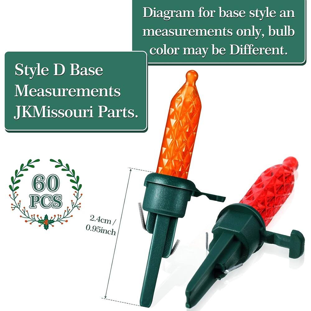 Diagram for base style and measurements only, bulb color may be different.

Style D Base Measurements JKMissouri Parts.

60 PCS

2.4cm / 0.95inch