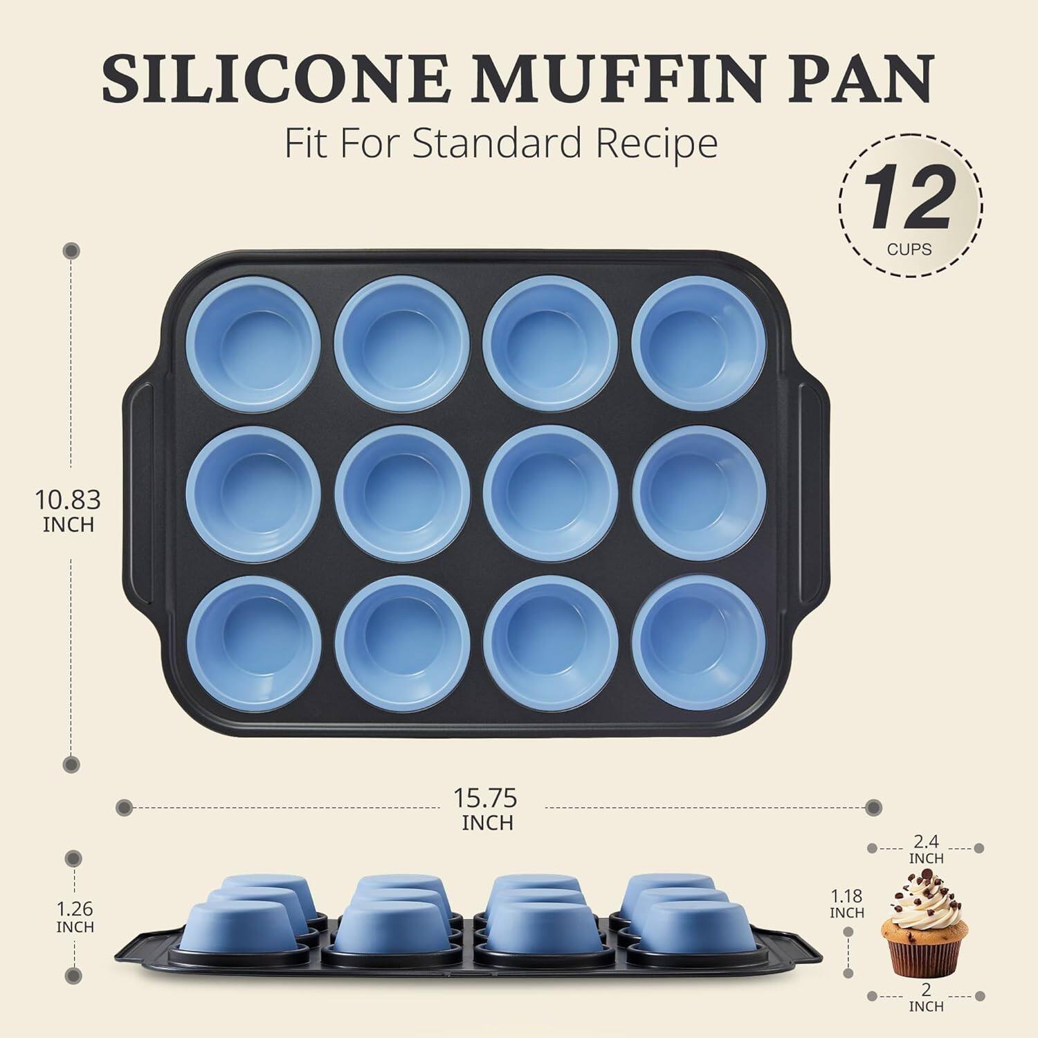 SILICONE MUFFIN PAN  
Fit For Standard Recipe  

12 CUPS  

10.83 INCH  
15.75 INCH  
1.26 INCH  
1.18 INCH  
2.4 INCH  
2 INCH