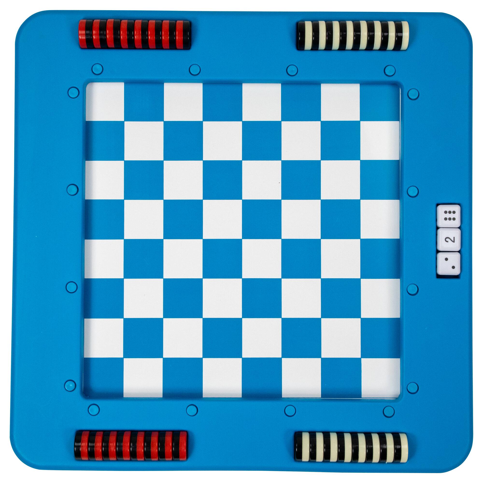 The image shows a blue and white checkers board with four red and black striped pieces at the top and bottom, and two black and white striped pieces on the right side. There is a die with the number 2 on it.