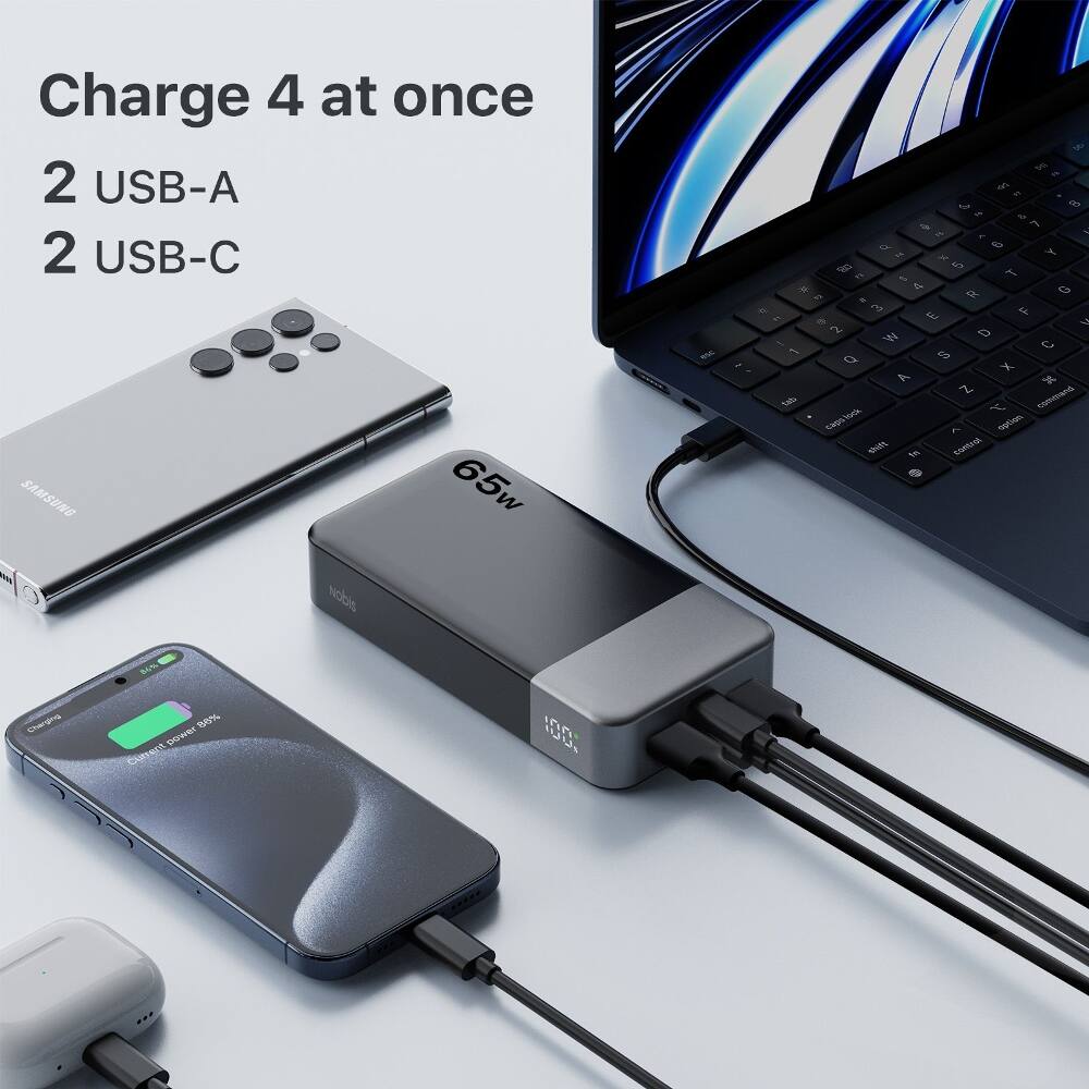 Charge 4 at once  
2 USB-A  
2 USB-C  
SAMSUNG  
65w  
sp  
Nobis  

esc  
7  
DO = ? FF  8 3 Or  7 ing.  - o 9 DE x Y OR 5 =  T  4 G  . R # 3 LL E  E to 2 D E W C 1 S Q X A x Z tat lock commend caps option shift to control  
Charging  
86% 86% Current power power Current  
1001