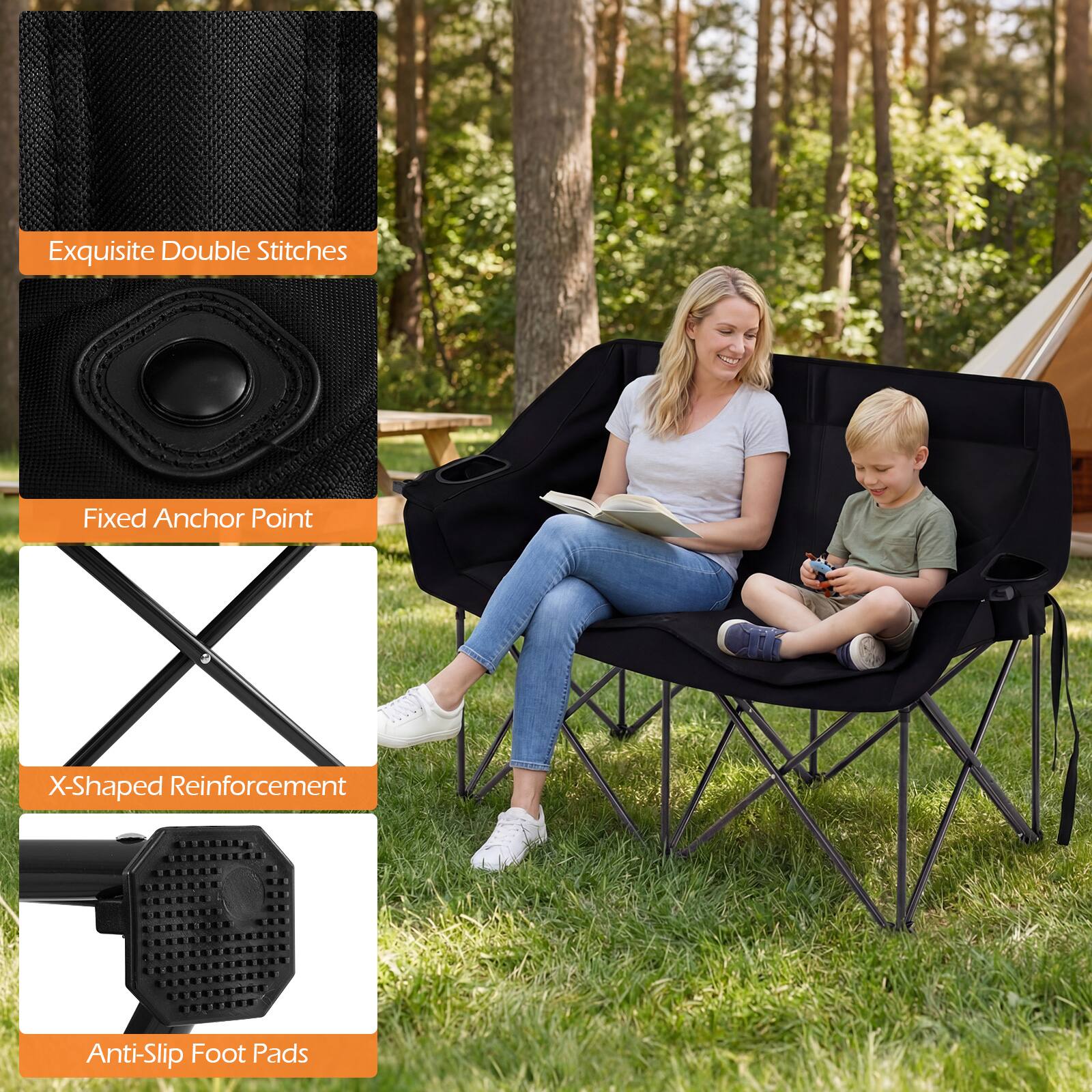 Gymax Double Camping Chair w/ Cup Holders Glass Racks & Mesh
