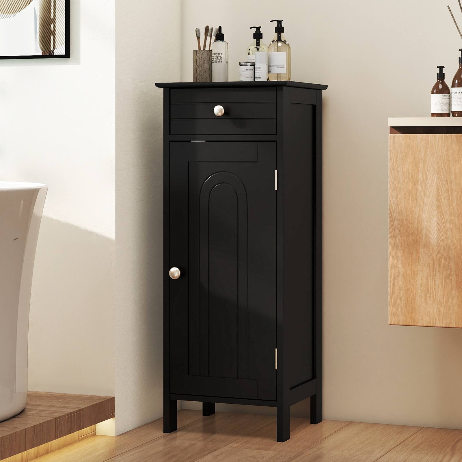 Alt View 1. Costway - Costway Bathroom Storage Floor Cabinet Organizer Free-Standing w/ Drawer - Black.