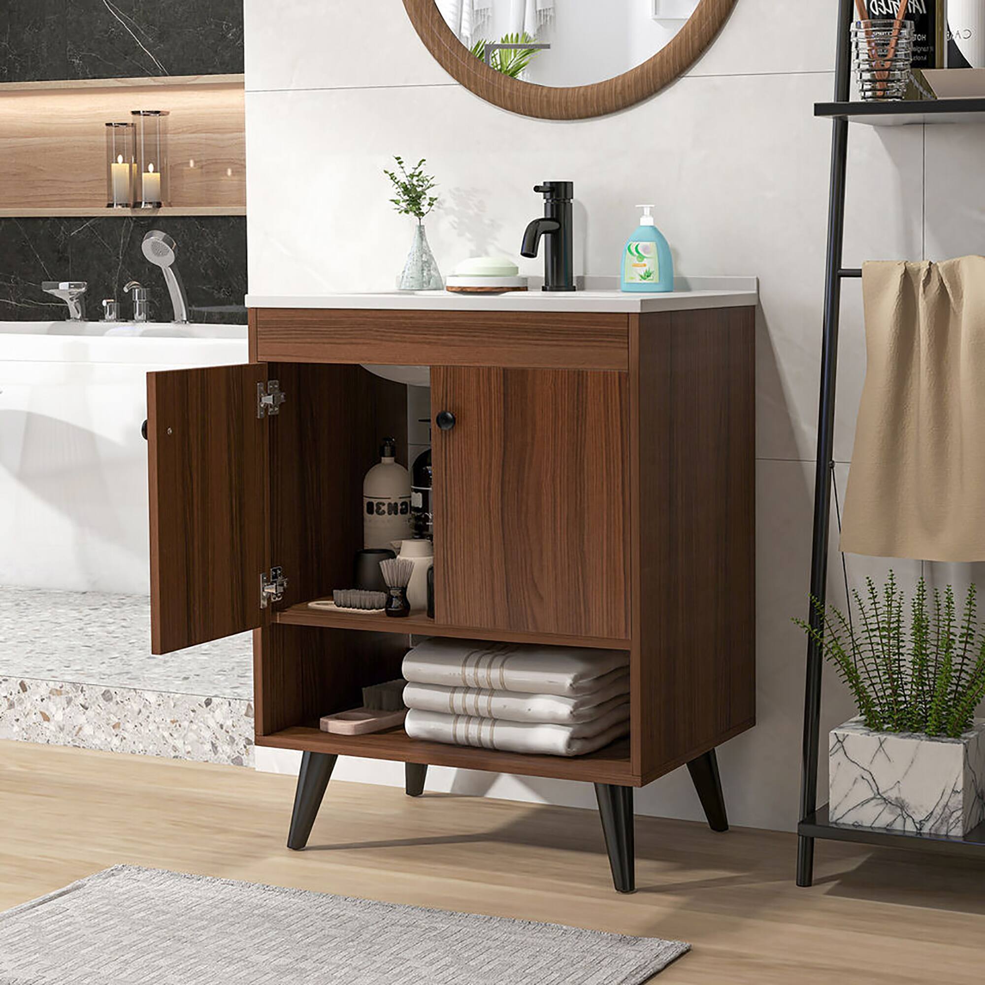 Alt View 3. Gymax - Gymax 25 Inch Wooden Bathroom Vanity Sink Combo with Open Shelf & Sink & Pop Up Drain - Walnut.