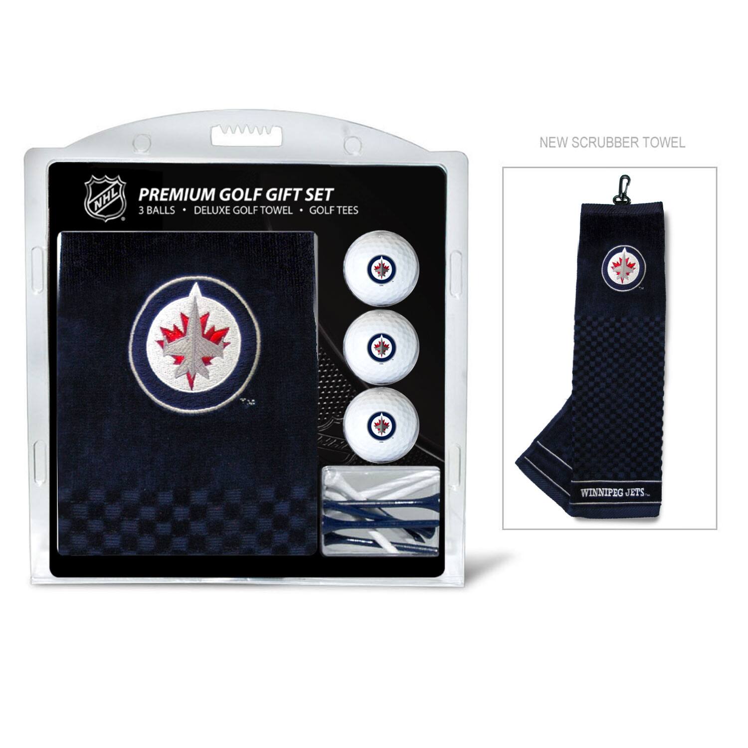 NEW SCRUBBER TOWEL  
NHL PREMIUM GOLF GIFT SET  
3 BALLS • DELUXE GOLF TOWEL • GOLF TEES  
WINNIPEG JETS