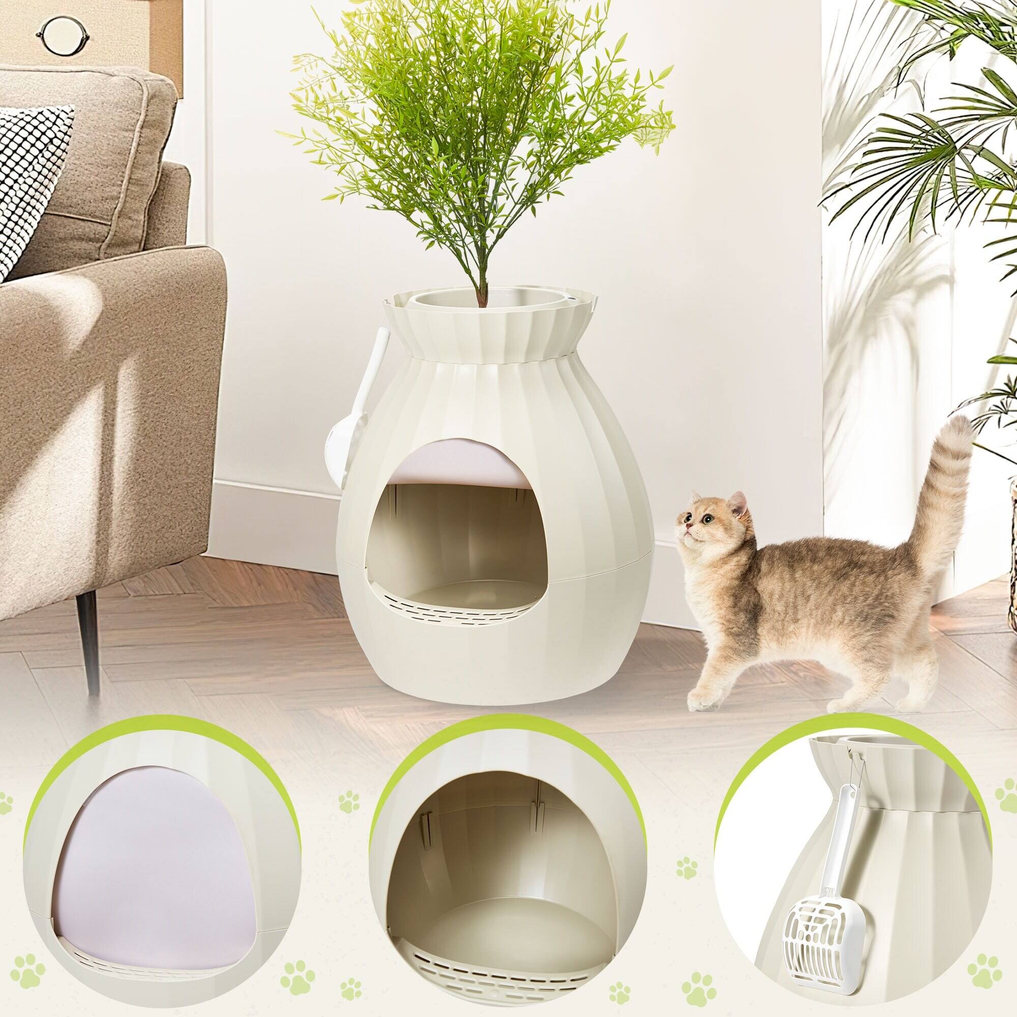 Alt View 6. U-HOMY - Modern Hidden Cat Litter Box Furniture, Decorative Planter Cat Enclosure with Odor Filter & Optional LED Lights - Beige - No LED.