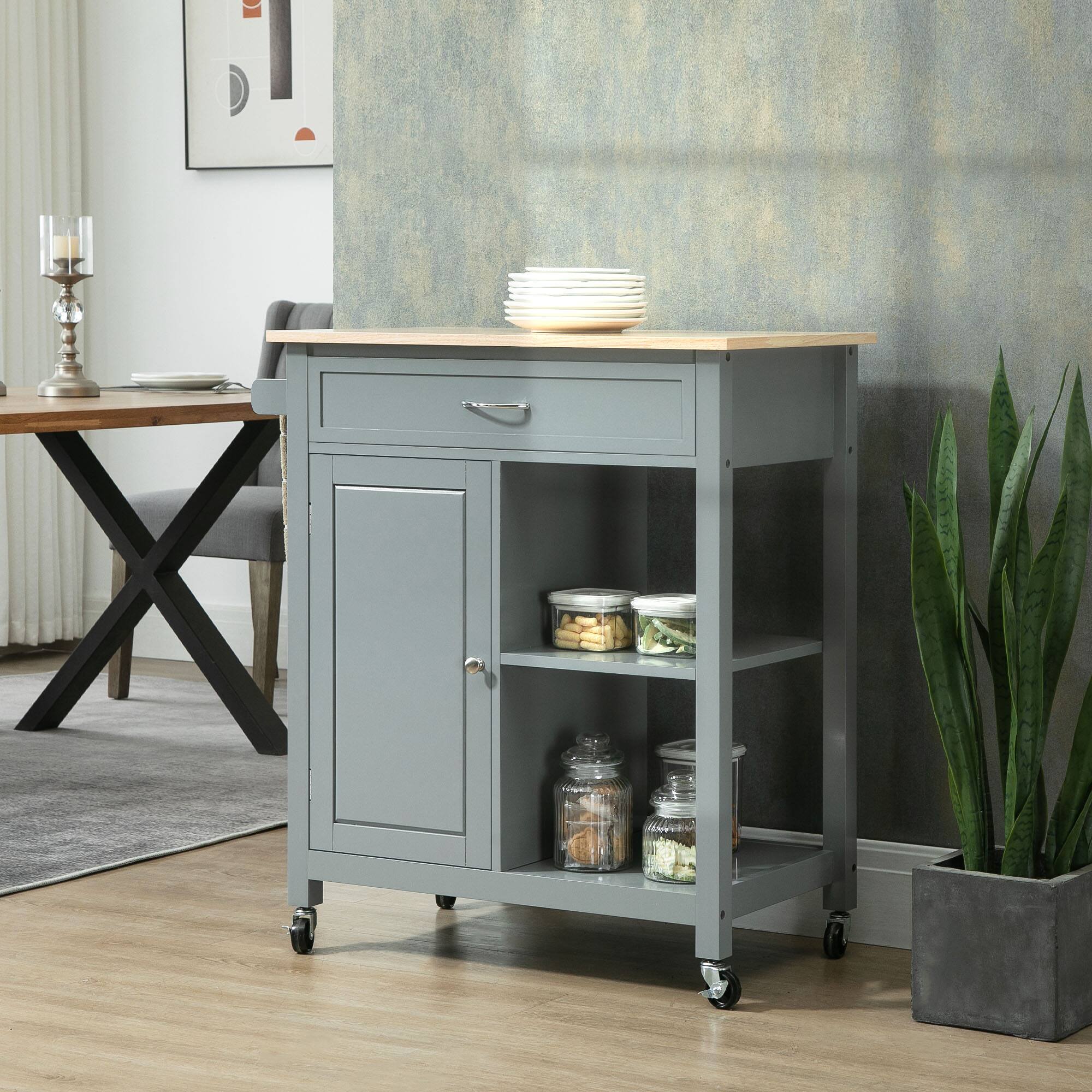 Alt View 1. Homcom - Kitchen Island Cart, Rolling Kitchen Island with Storage Shelf, Solid Wood Top, Drawer, for Dining Room - Grey.