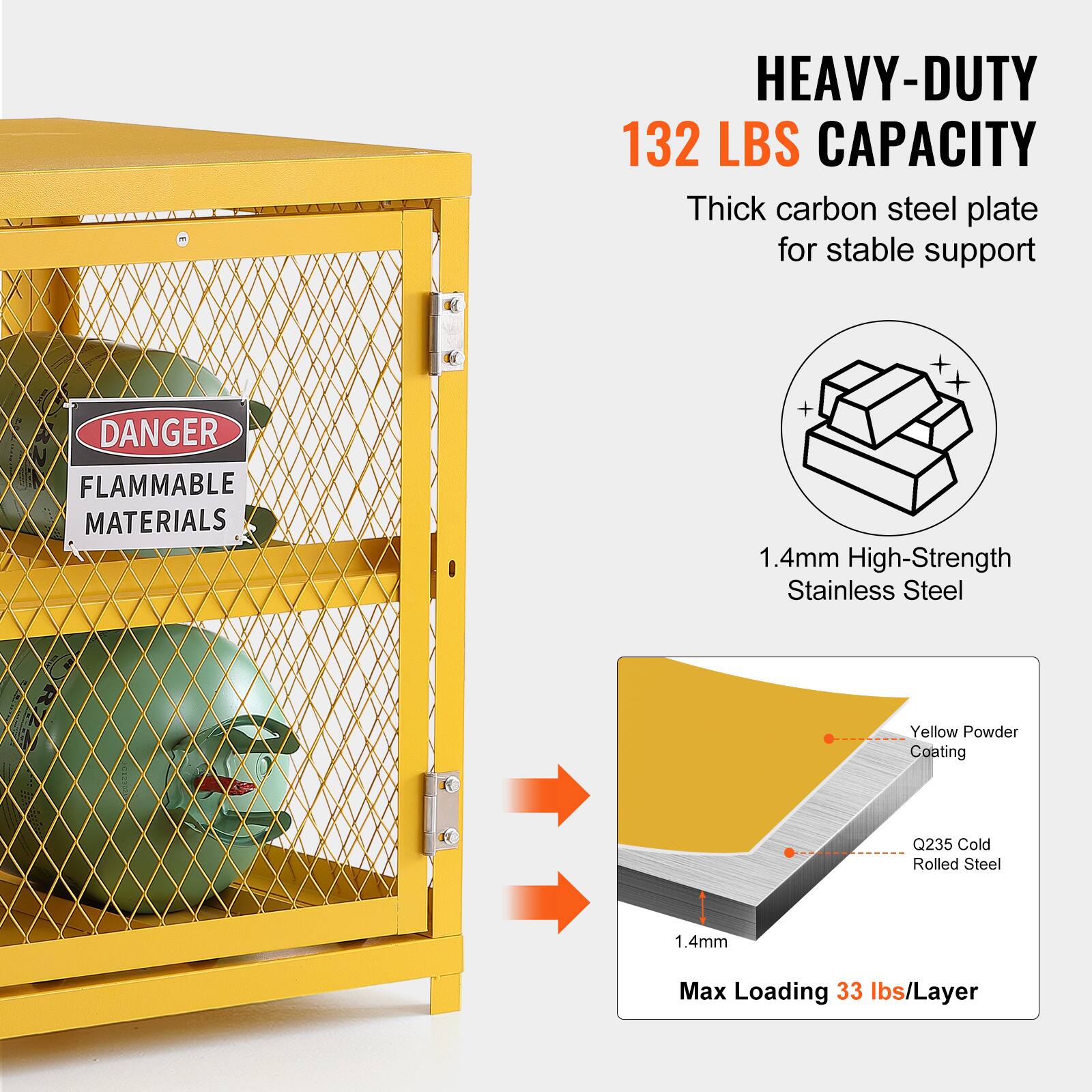 HEAVY-DUTY  
132 LBS CAPACITY  
Thick carbon steel plate for stable support  

DANGER  
FLAMMABLE MATERIALS  

1.4mm High-Strength Stainless Steel  
Yellow Powder Coating  
Q235 Cold Rolled Steel  

Max Loading 33 lbs/Layer
