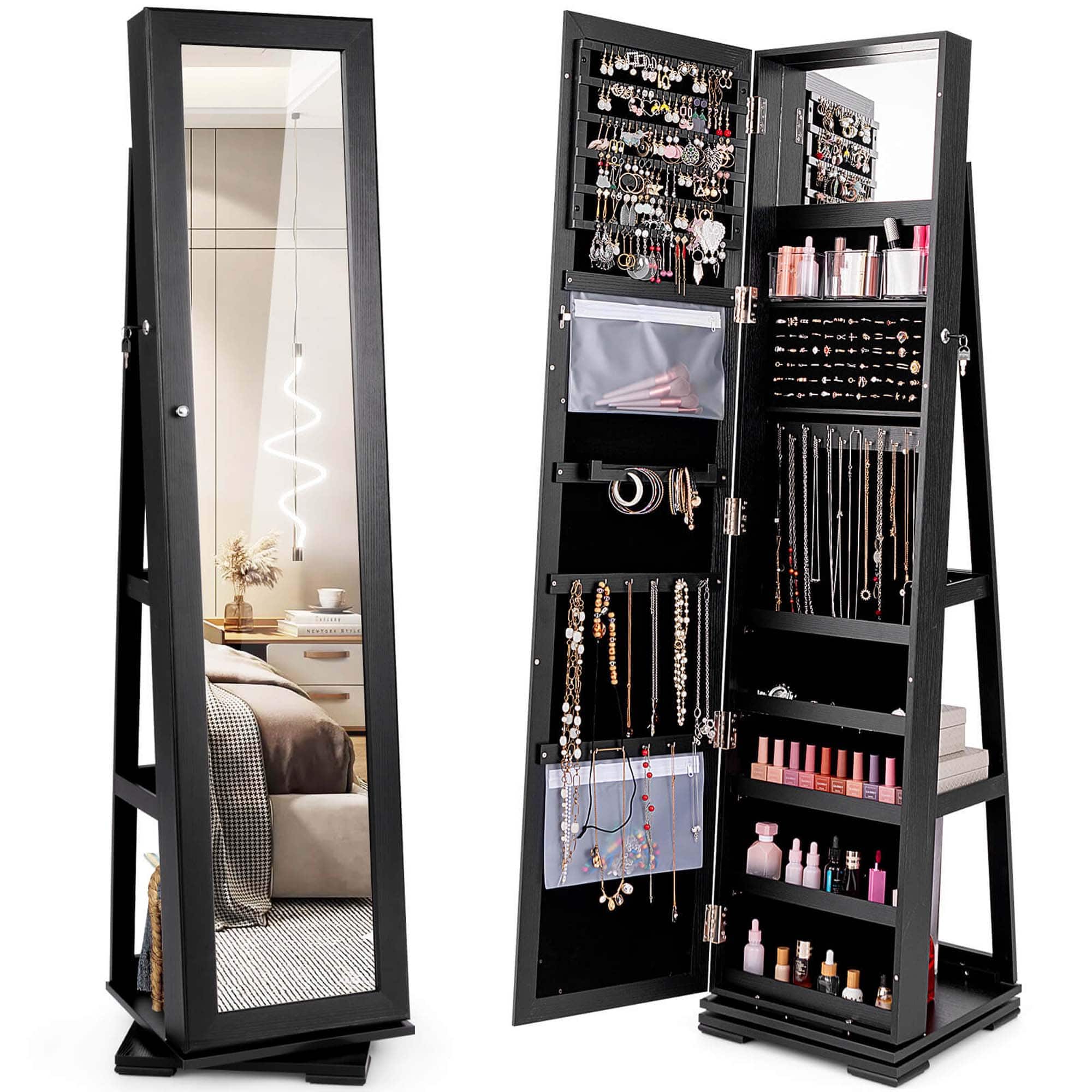 Front. Costway - 360° Rotatable Jewelry Cabinet Armoire 2-in-1 Lockable Mirrored Black - Black.