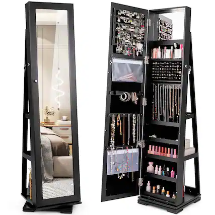 Front. Costway - 360° Rotatable Jewelry Cabinet Armoire 2-in-1 Lockable Mirrored Black - Black.