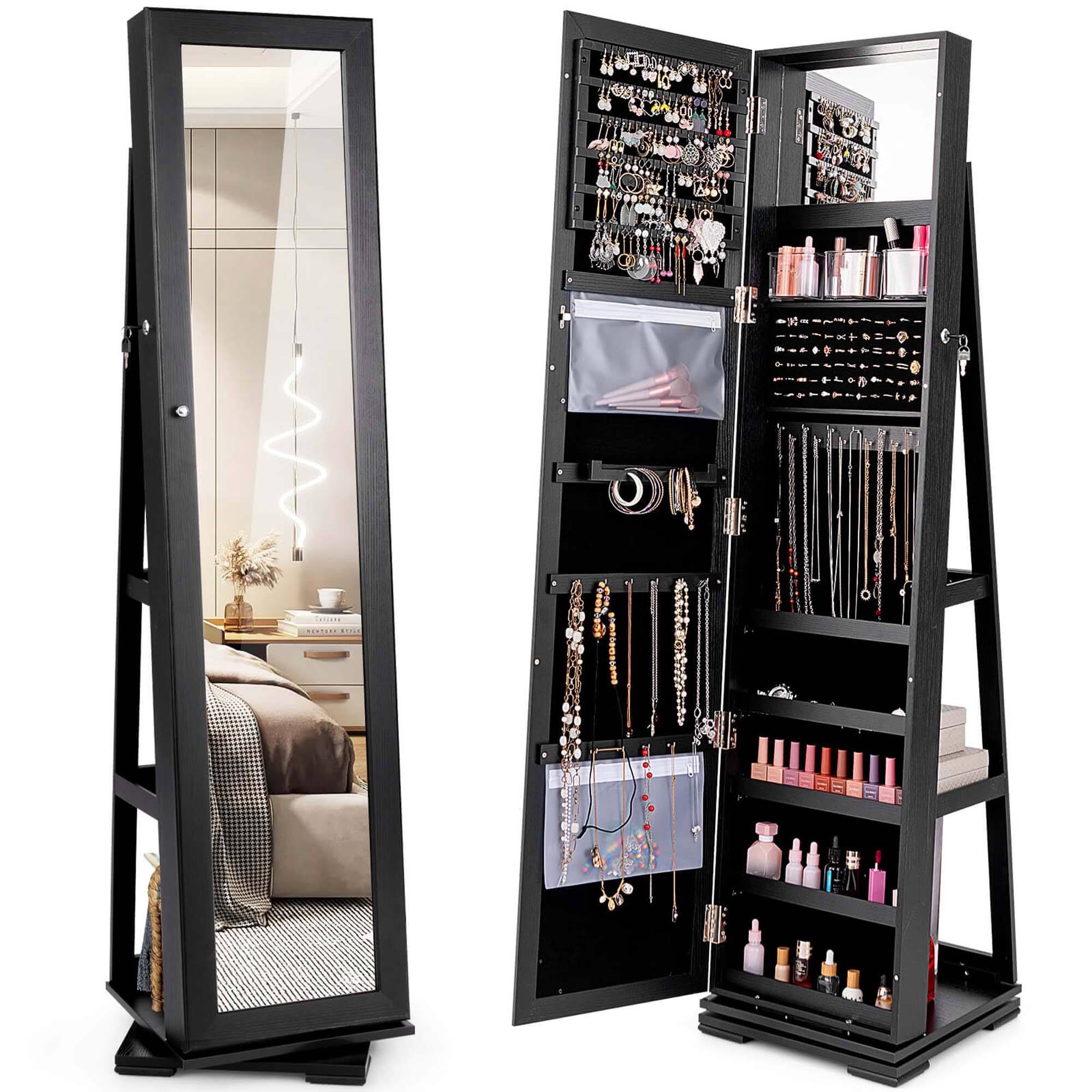Front. Costway - 360° Rotatable Jewelry Cabinet Armoire 2-in-1 Lockable Mirrored Black - Black.