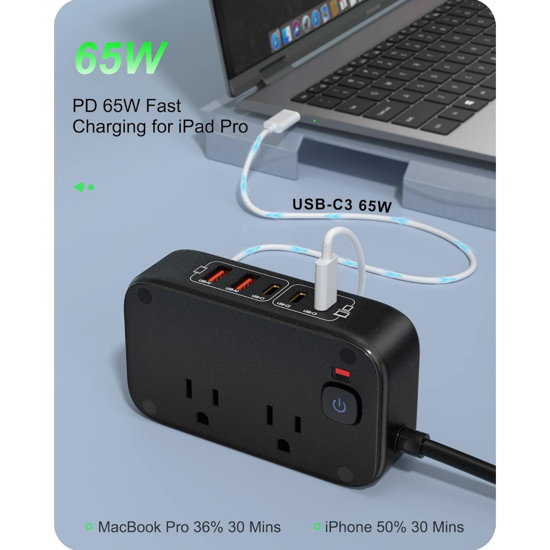 65W  
PD 65W Fast Charging for iPad Pro  

USB-C3 65W  

MacBook Pro 36% 30 Mins  
iPhone 50% 30 Mins