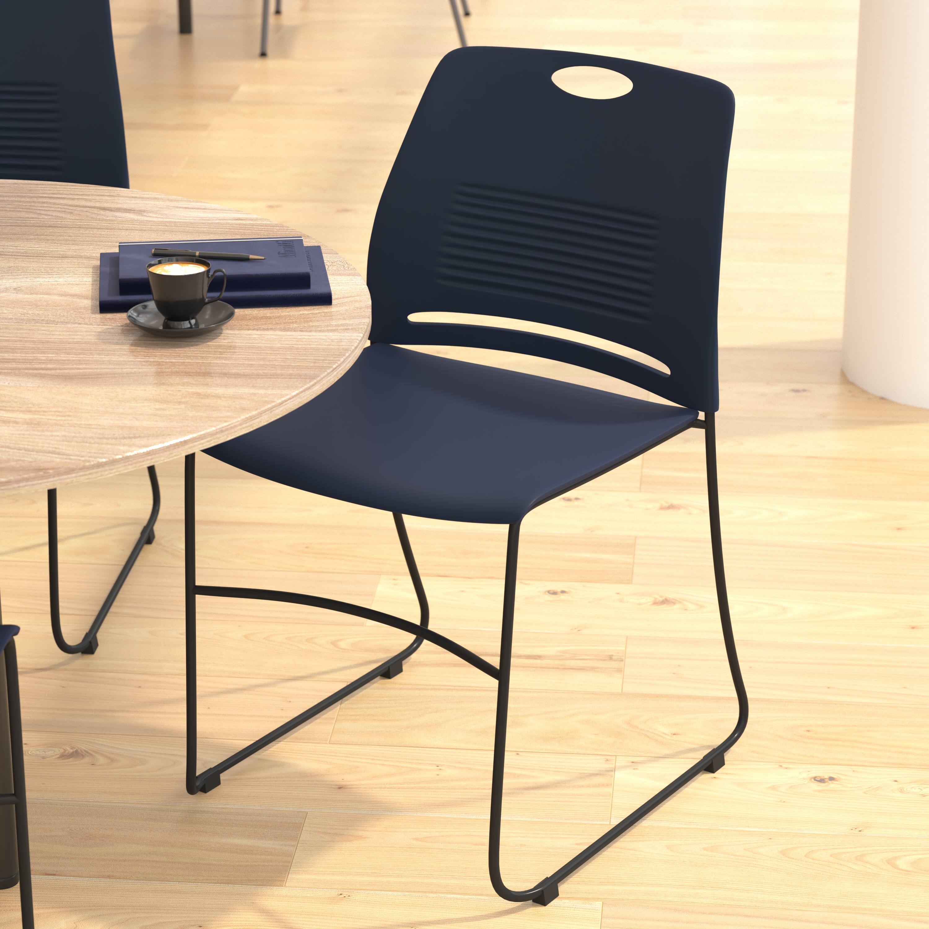 Alt View 4. Emma + Oliver - Heavy Duty 660 lb. Capacity Plastic Stack Chair with Steel Sled Base Frame - Navy.