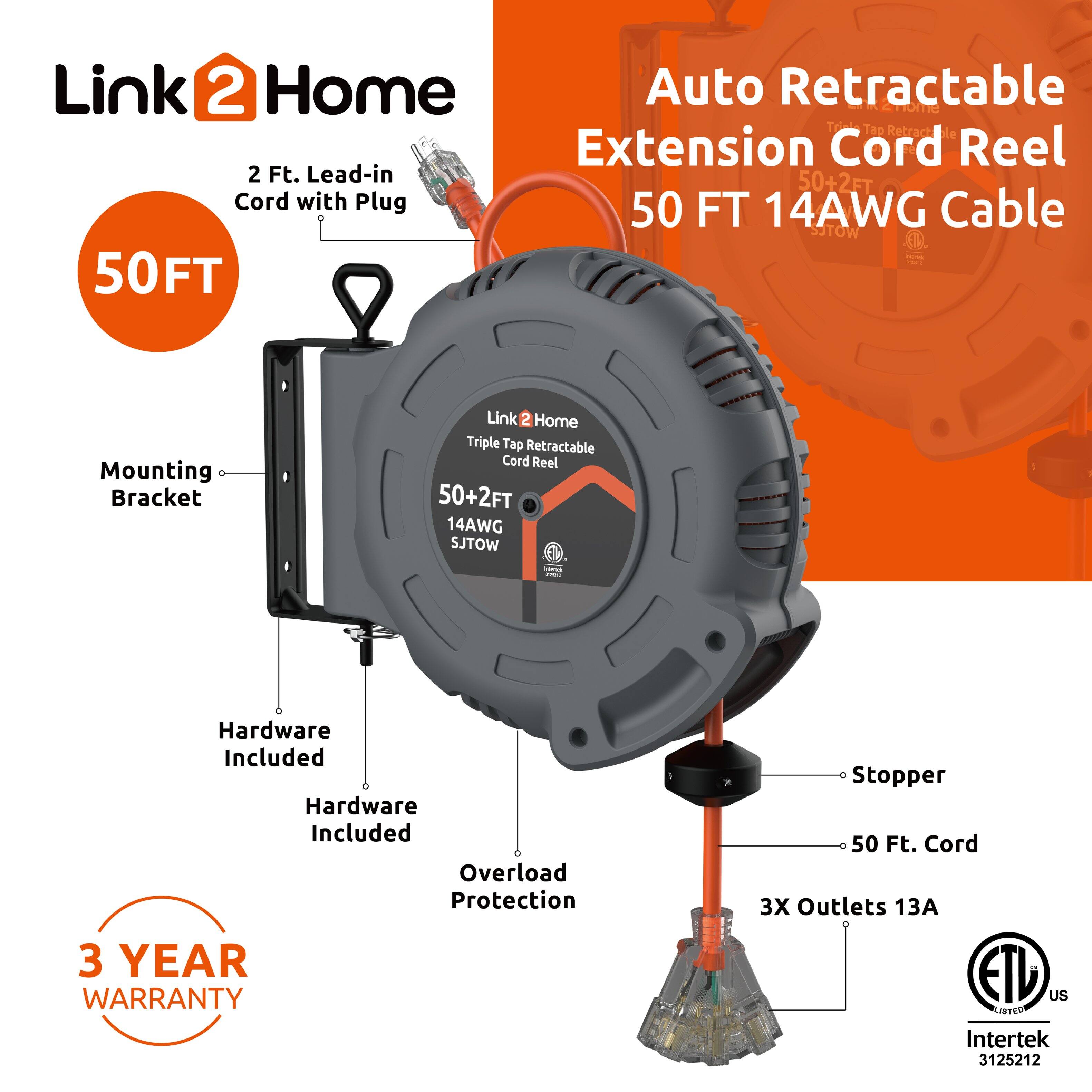 Link 2 Home Auto Retractable Extension Cord Reel 50+2FT Cord with Plug 50 FT 14AWG Cable SJTOW 50FT Mounting Bracket

- Hardware Included
- Overload Protection
- 3 YEAR WARRANTY
- Stopper
- 50 Ft. Cord
- 3X Outlets 13A
- ETL US LISTED Intertek 3125212