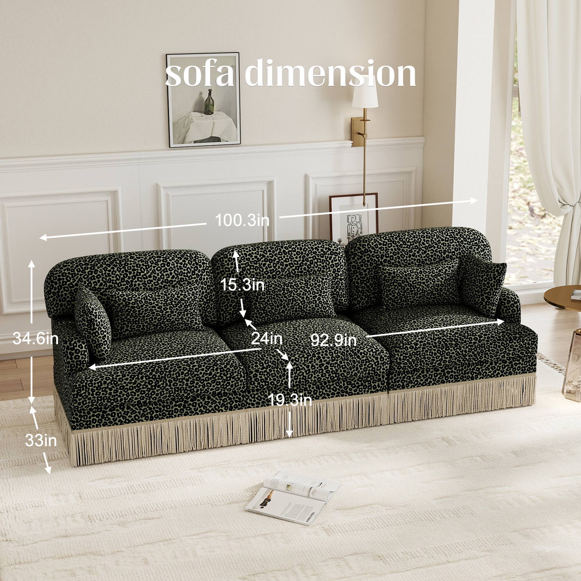 sofa dimension  
100.3in x 15.3in x 34.6in x 24in x 92.9in x 19.3in x 33in