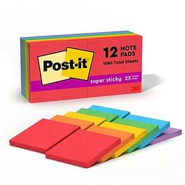 Post-it - Super Sticky Notes, 3" x 3", Playful Primaries Collection, 90 Sheet/Pad, 12 Pads/Pack - Multicolor