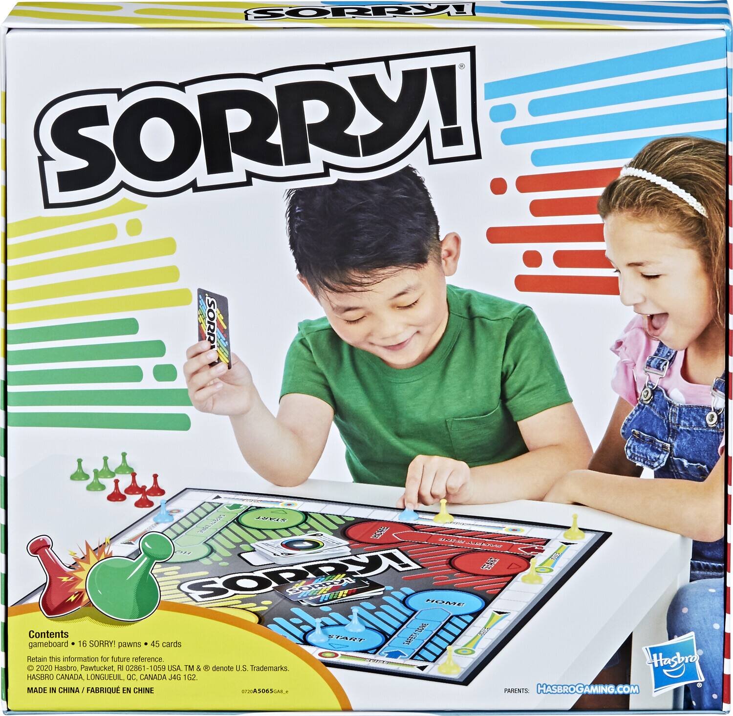 SORRY! SORRY! SORRY! /  MJAA MAR   SOREYI CORLEA HOME Contents I START A gameboard 16 SORRY! pawns 45 cards Retain this information for tuture reference. Hasbro O 2020 Hasbro, Pawtucket, H 02861 1059 USA TM 5  denote U.S. Trademarks HASBRO CANADA LONGUEUIL. OC CANADA J4G 1G2. MADE IN CHINA J FABRIQU EN CHINE 7AS06SCAL PARENTS: HASBROGAMING.COM