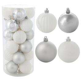 Sunnydaze - Merry Medley 24-Piece Plastic Ornament Set - 60 mm - White/Silver
