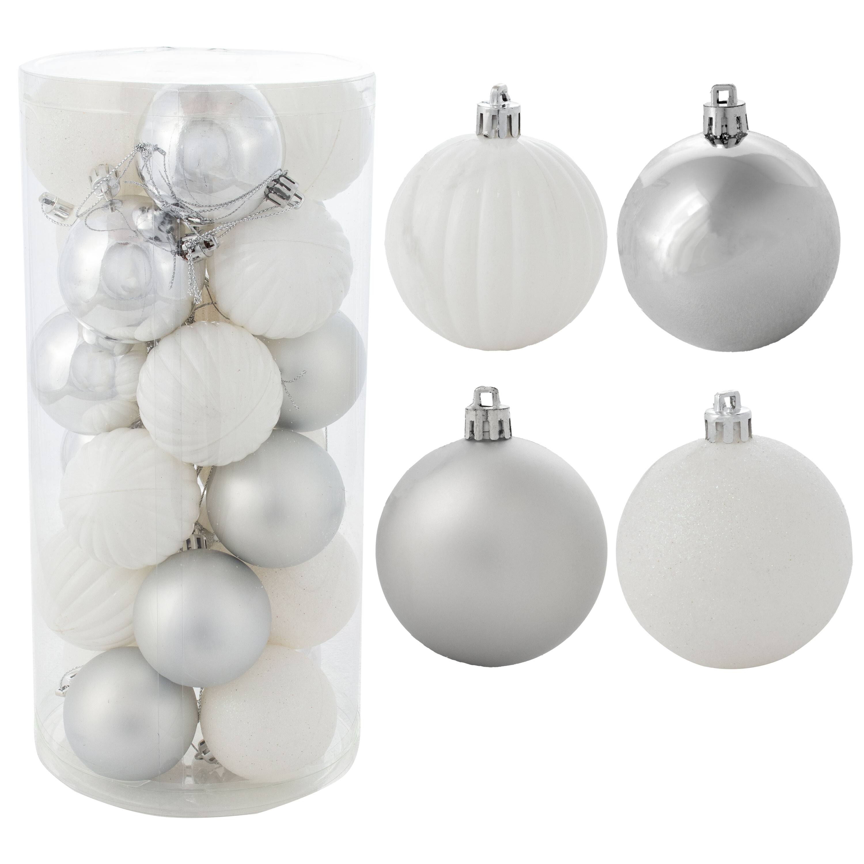 Front. Sunnydaze - Merry Medley 24-Piece Plastic Ornament Set - 60 mm - White/Silver.