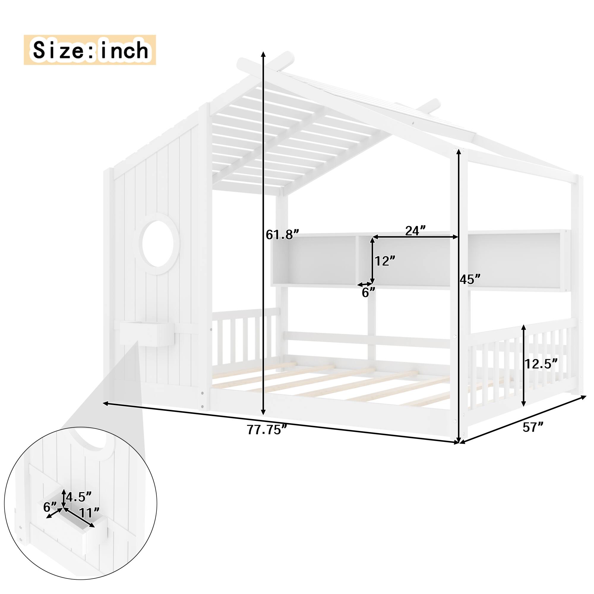 Size: inch  
61.8"  
24"  
12"  
6"  
45"  
12.5"  
77.75"  
57"  
14.5"  
6"  
11"