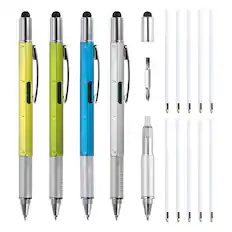 Front. Unique Bargains - 4pcs 6 in 1 Multitool Tech Tool Pen with Ballpoint Pen, Ruler, Screwdriver, Stylus, Level Gauge, Refills for Birthday - Yellow Blue Green Silver.