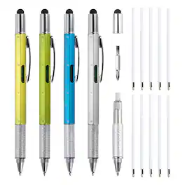 Unique Bargains - 4pcs 6 in 1 Multitool Tech Tool Pen with Ballpoint Pen, Ruler, Screwdriver, Stylus, Level Gauge, Refills for Birthday - Yellow Blue Green Silver