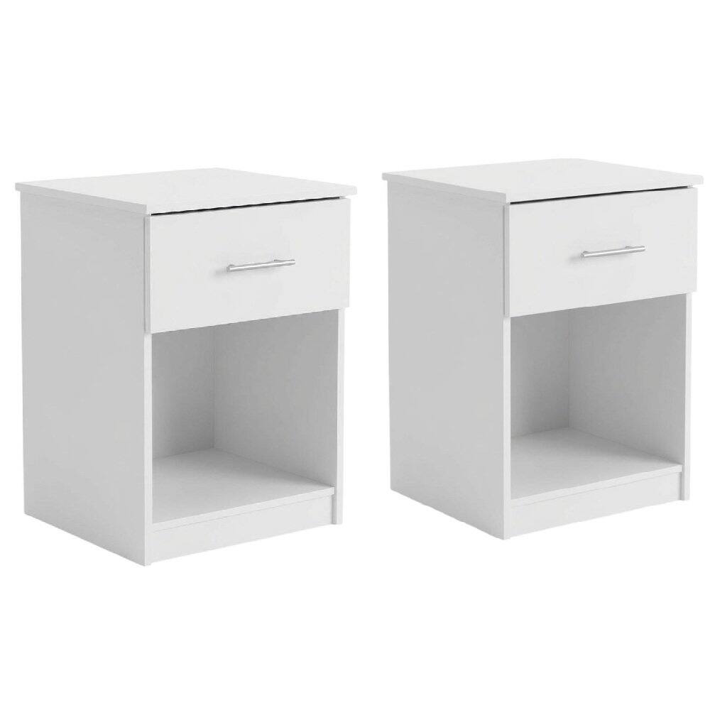 Front. FurniFact - Solid White Nightstand Set, Handle, Drawer, Contemporary Bedroom Furniture - Solid White.