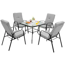Costway - 5pcs Patio Dining Set 4 Stackable Chairs Cushioned Square Glass Table - Grey/Black