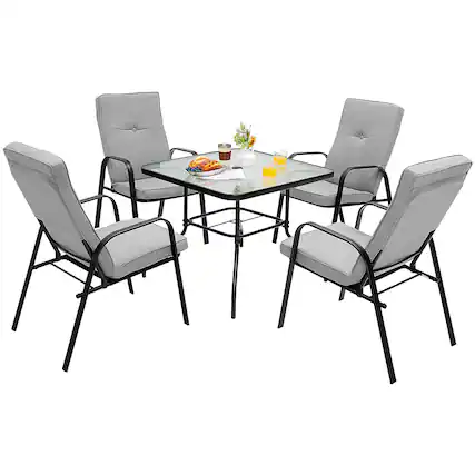Front. Costway - Costway 5pcs Patio Dining Set 4 Stackable Chairs Cushioned Square Glass Table - Grey/Black.
