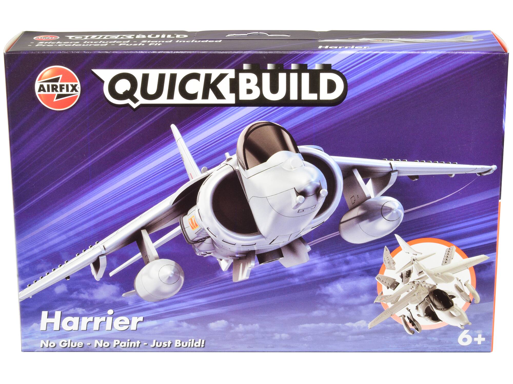 Sure, here is the corrected and grouped text from the image:

---

**AIRFIX**

**QUICK BUILD**

**Harrier**

**No Glue - No Paint - Just Build!**

**6+**

---

**Included:**

- **Plastic Parts**
- **Instructions**

---

**AIRFIX**