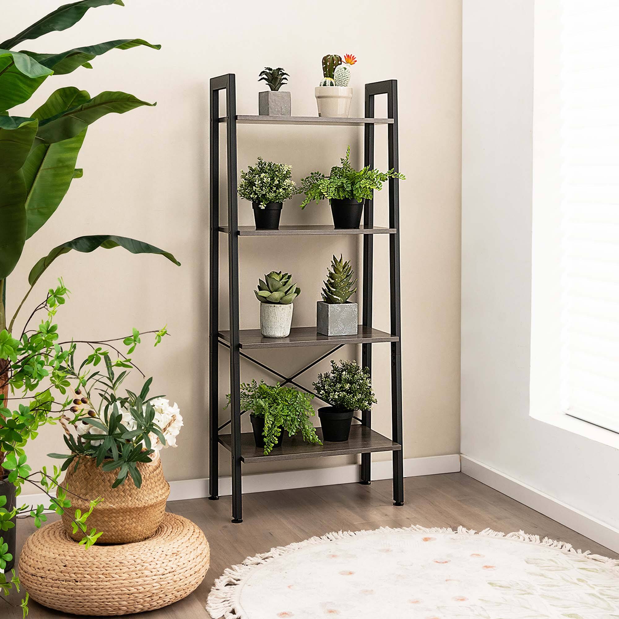 Left. Costway - 4-Tier Bookshelf Industrial Display Storage Shelf Plant Flower Stand Metal Frame Gray - Grey Oak.