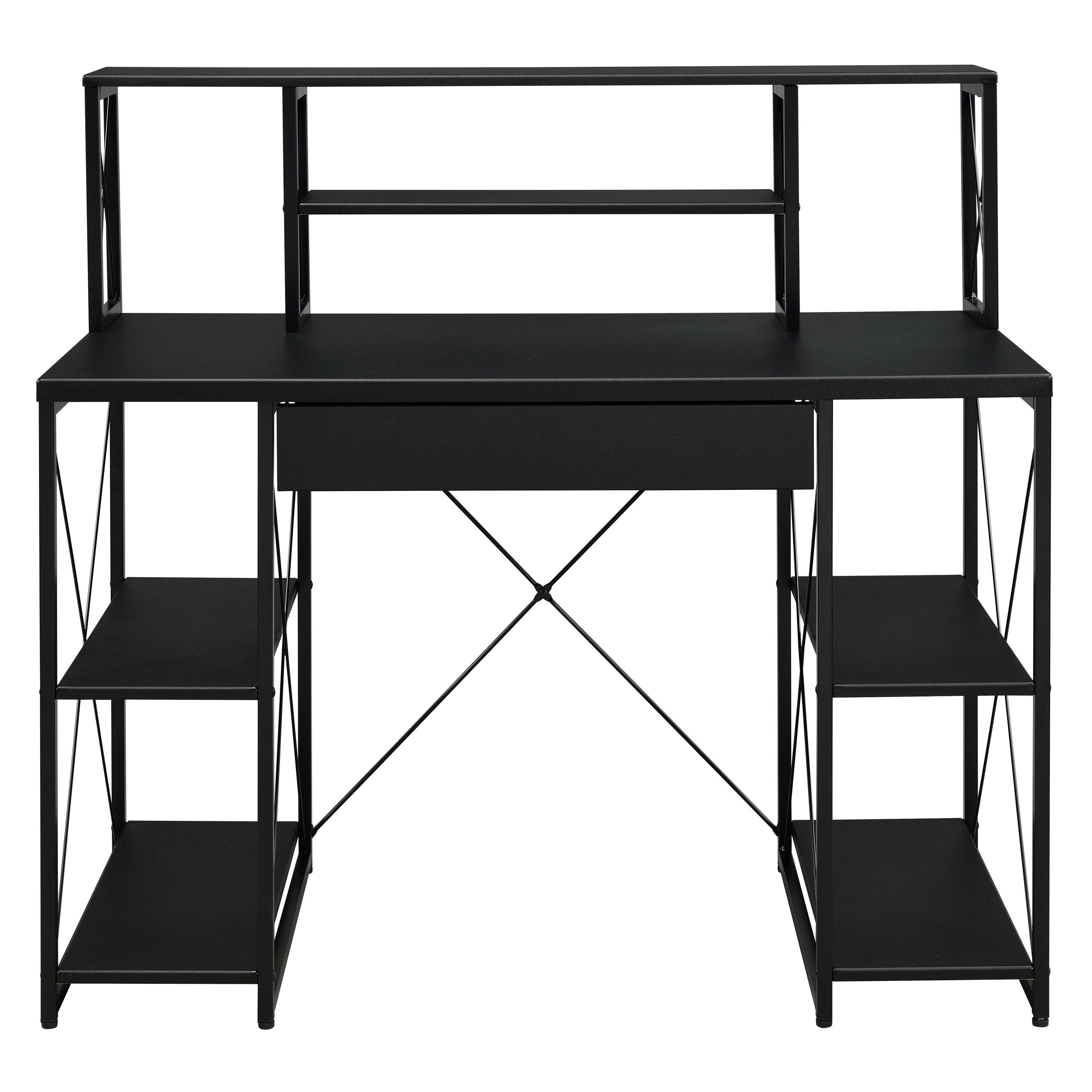 Back. Spaco - Spaco Studio Office Computer Desk with Hutch, 8-Compartment Storage, Wood Top and Shelves, Metal Sled Base - Black.