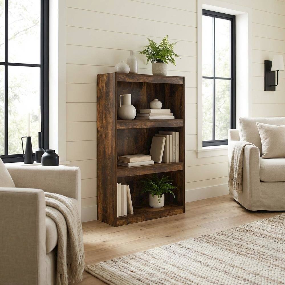 Angle. FurniFact - 3-Tier Adjustable Shelf Bookcase with Space-Saving Design - Amber Pine.