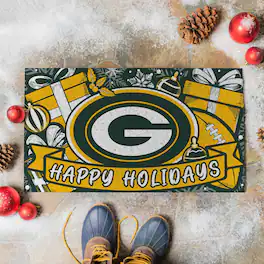 Evergreen Enterprises - Green Bay Packers 28" x 16" Happy Holidays Christmas Turf Door Mat - Multicolor