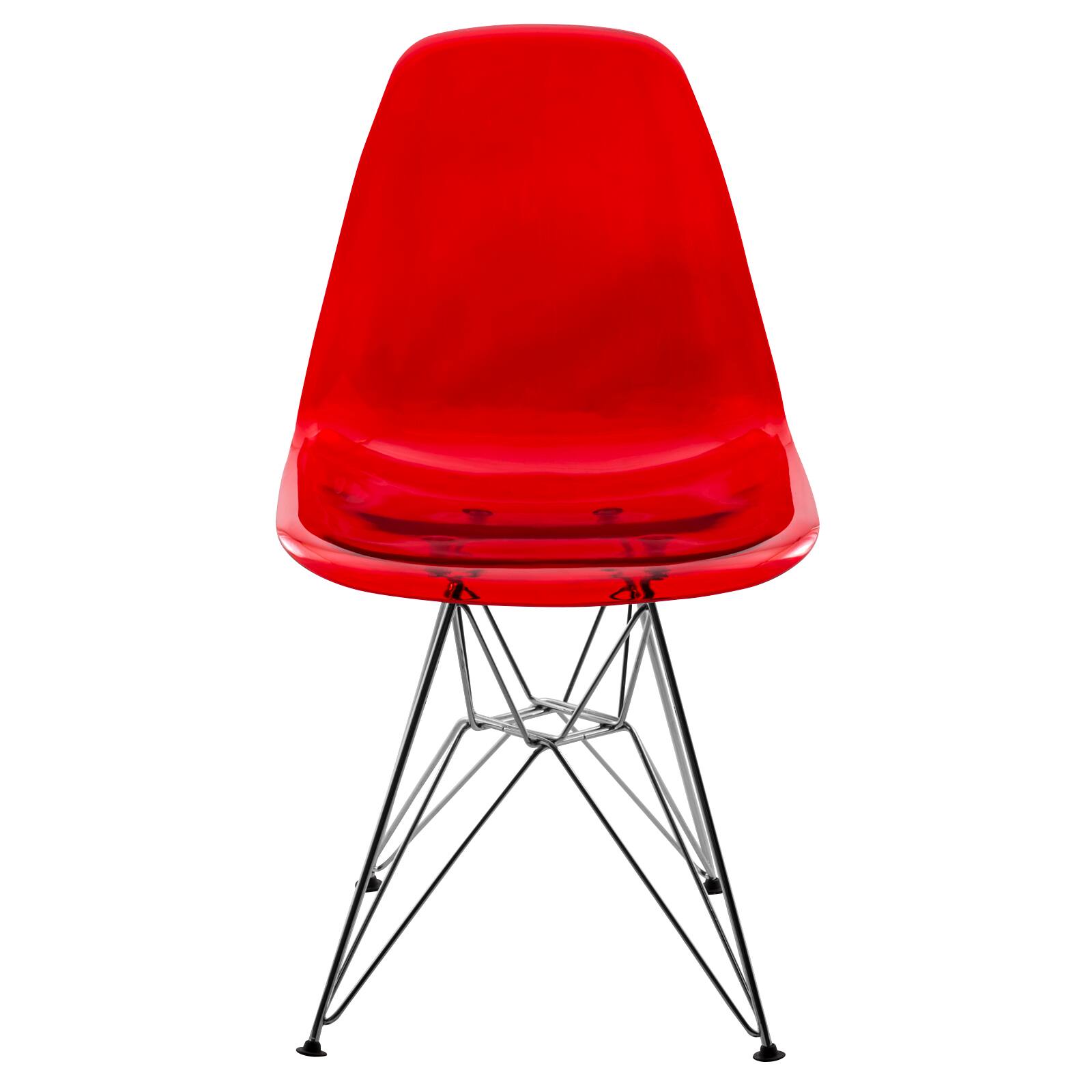 Left. LeisureMod - Cresco Modern Acrylic Dining Chair, Ergonomic Curved Seat with Chrome Eiffel Base - Transparent Red.