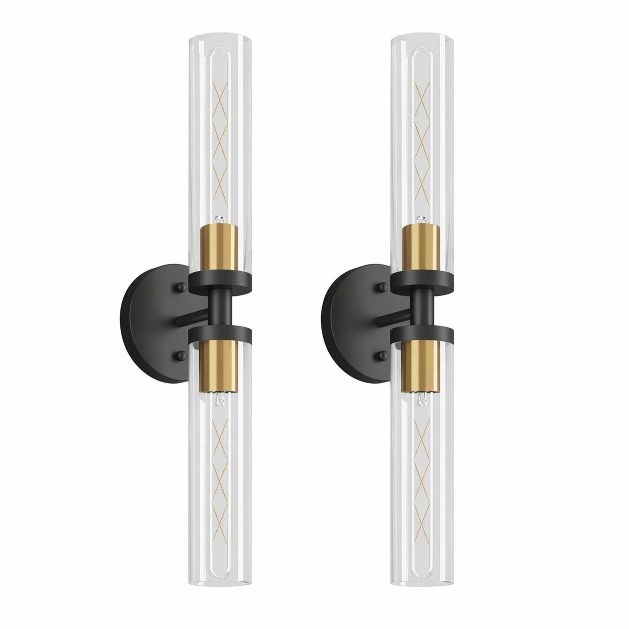 Front. RYHNUYNE - Modern 2-Pack Wall Sconces in Black and Gold with Clear Glass Shades for Bathroom, Living Room, Hallway.